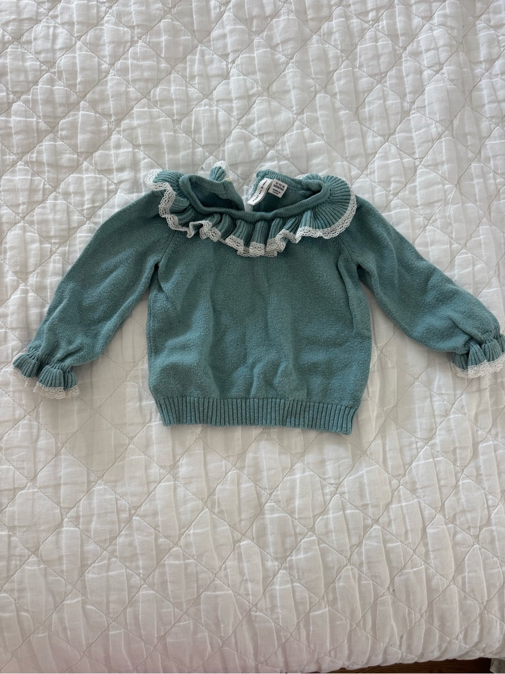 Janie and Jack Seafoam Green Ruffled Lace-Trim Sweater